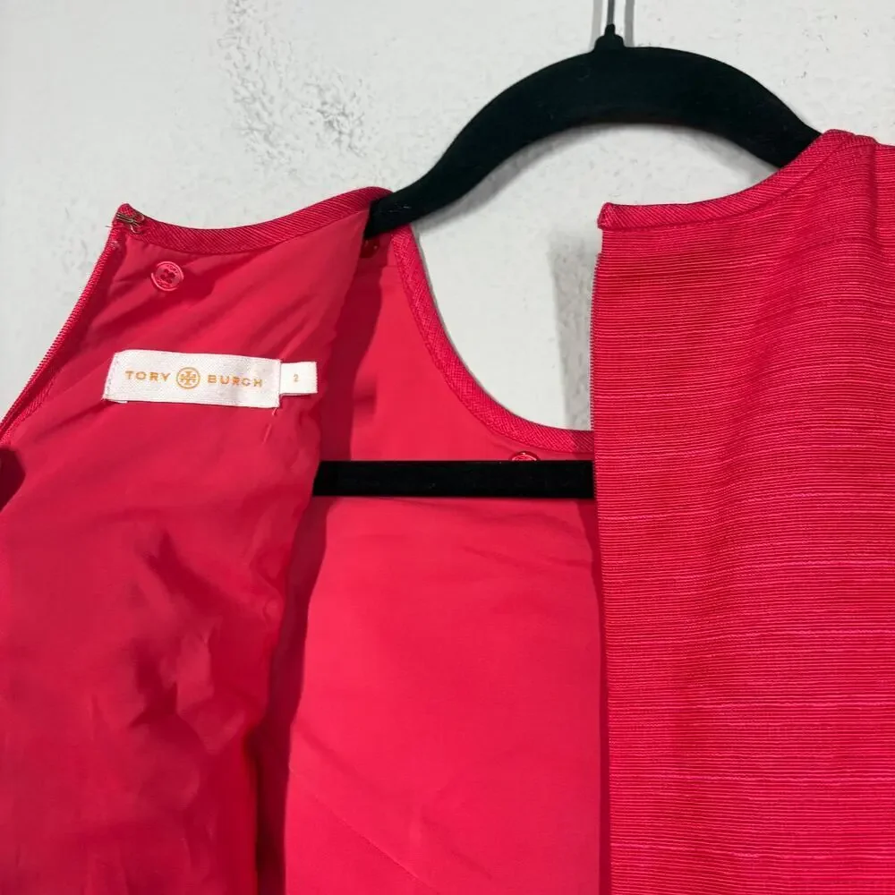Tory Burch 2 Kimberly Sheath Dress Red Cotton Linen Silk Hourglass Sleeveless